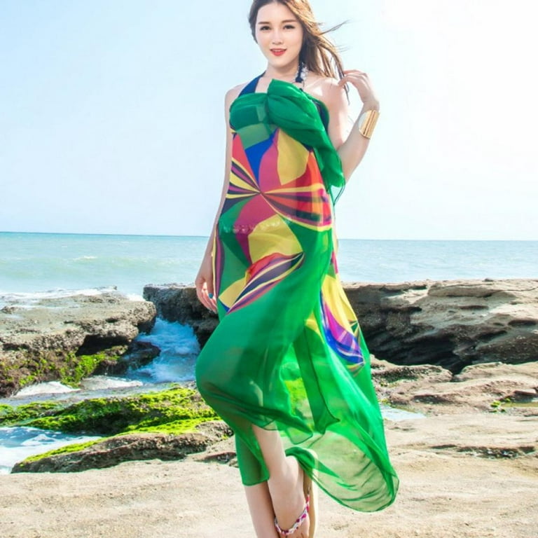 Lady Sexy Beach Chiffon Sarongs Hawaiian Swimsuit Cover-up Wraps Hibiscus  Print Plus Size Swim Bikini Scarf 
