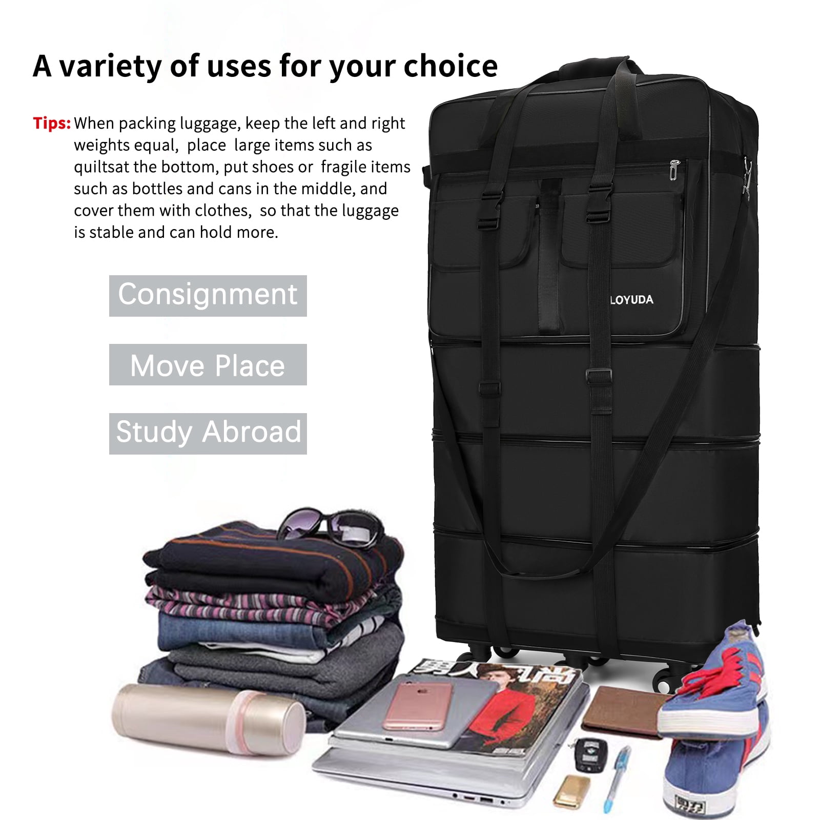 Gloyuda 130L Rolling Bag, 40 inch Duffle Bag with Wheels, Rolling Tote Bags with Wheels, Collapsible Luggage, Travel Bag with Wheels and Handle, Roller Bag with 2 Fixing Straps and 1 Shoulder Strap