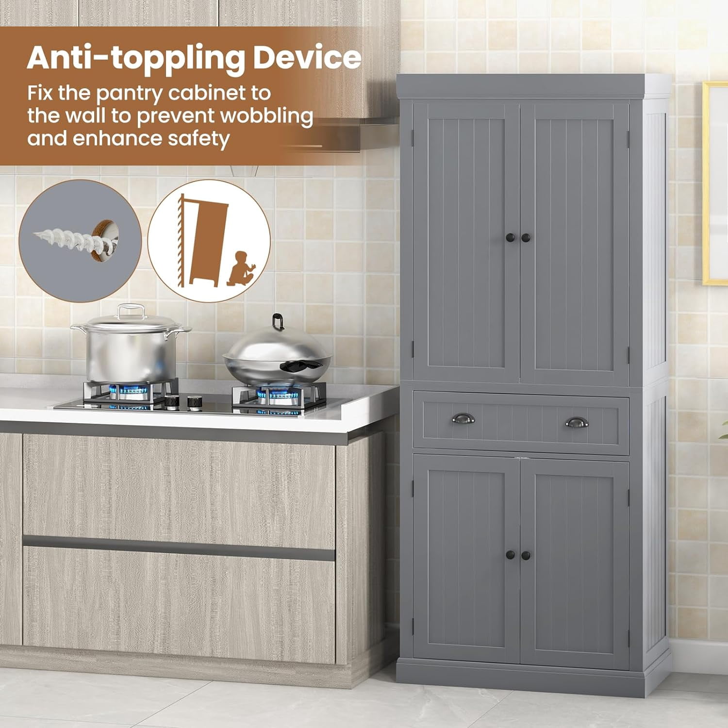 Traditional Kitchen Pantry Cabinet, Kitchen Cupboard with Double-Doors, Large Drawer and Adjustable Shelves for Dining Room, Bathroom