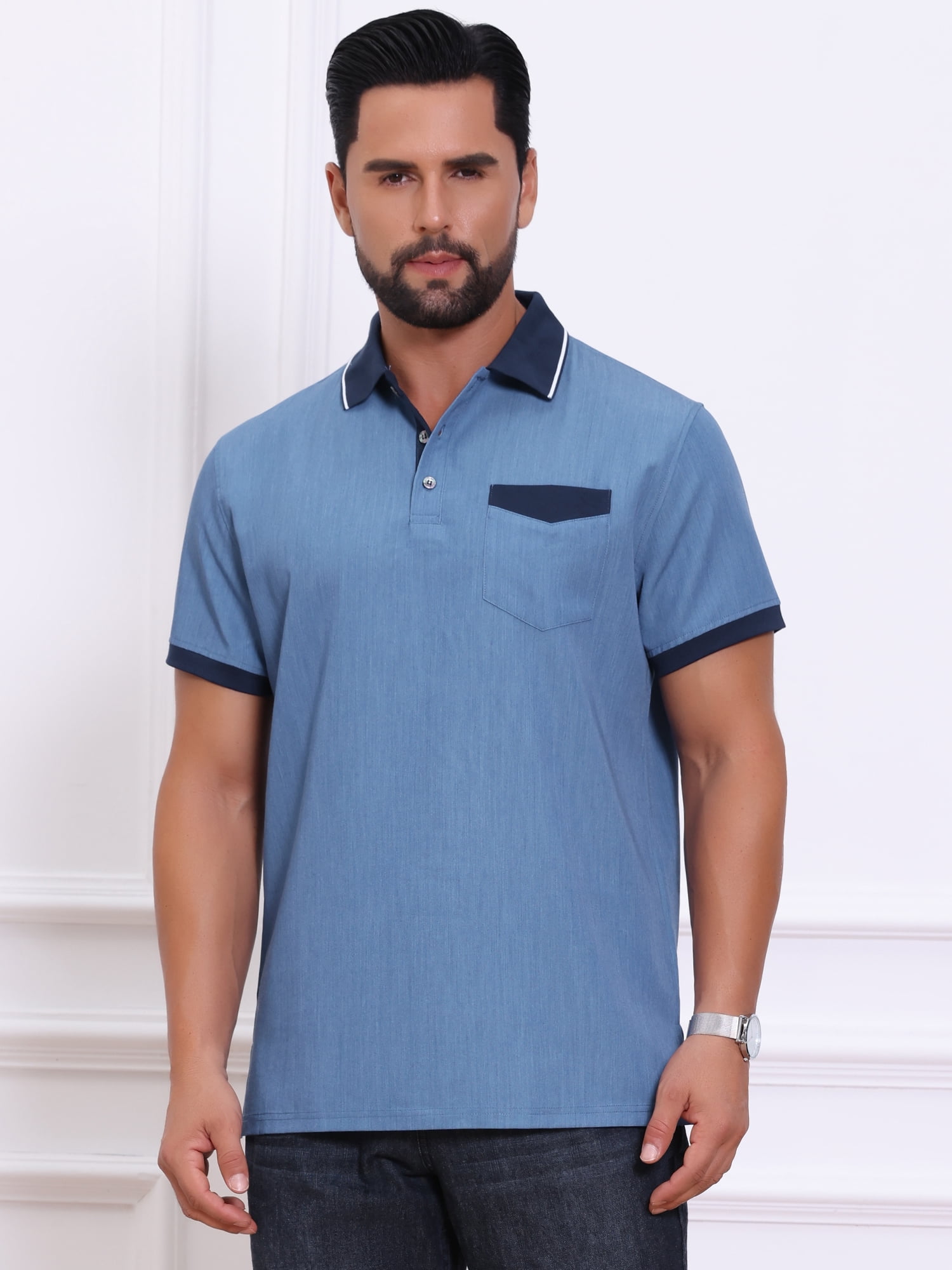 DARING DIVA Men's Short Sleeve Western Retro Stretch Color-Block Polo Shirts L Blue