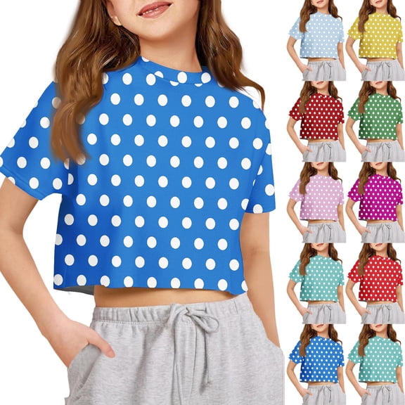 Girls Short Sleeve Crop Shirts Kids Polka Dot Crew Neck Cropped T-Shirt Casual Tees
