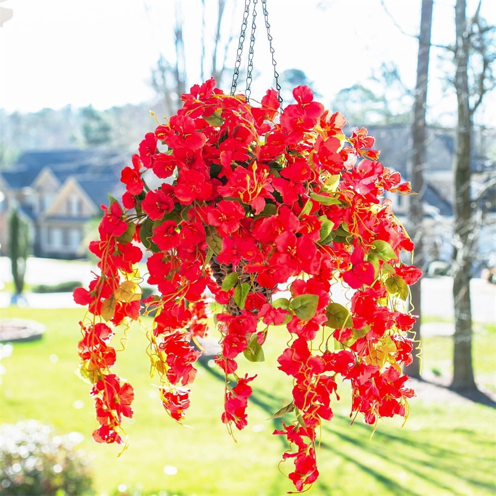 Duslogis 4 Pcs Artificial Hanging Flowers Plants for Outdoors Spring Summer Decoration, Fake Hibiscus Vines UV Resistance Realistic Silk Flowers for Outside Home Patio Porch Garden Wedding,Red