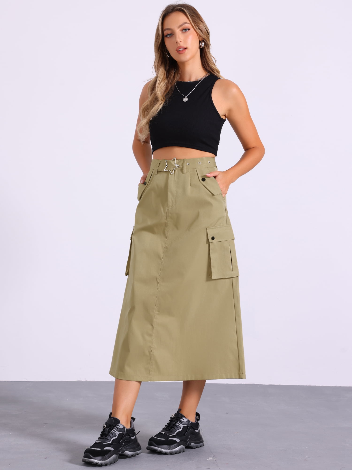 DARING DIVA Women's Stylish Versatile Y2K Cargo Long Skirt Vintage Streetwear S Khaki