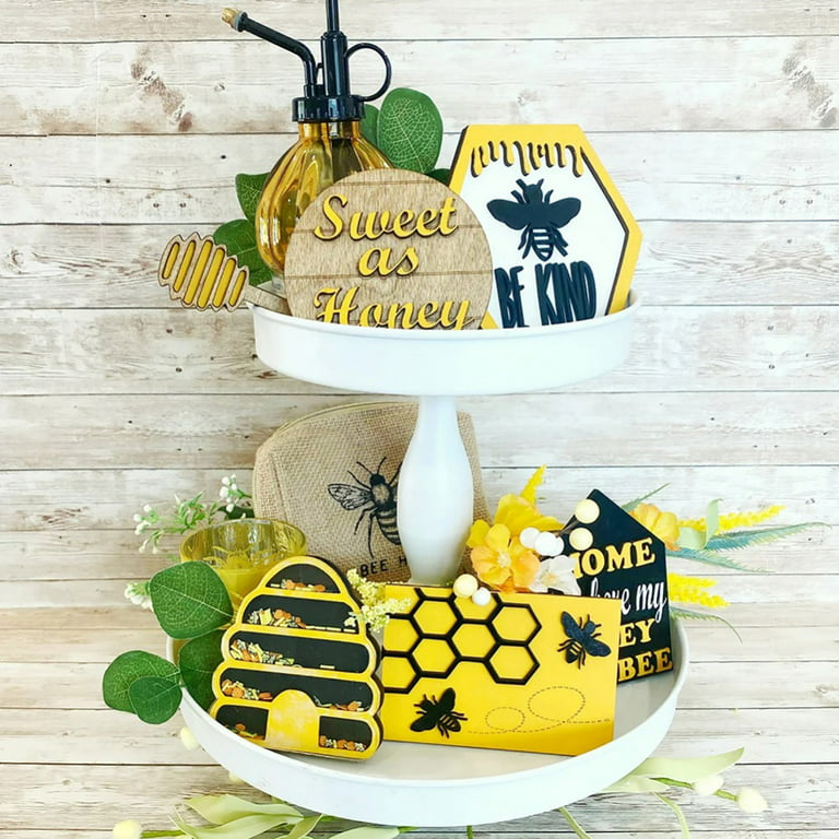 12 Pieces Summer Tiered Tray Decor Honey Bee Tier Tray Decor Farmhouse Mini  Wood Decor Wooden Sign Bee Spring Sign Decor Decorative Trays Signs Rustic