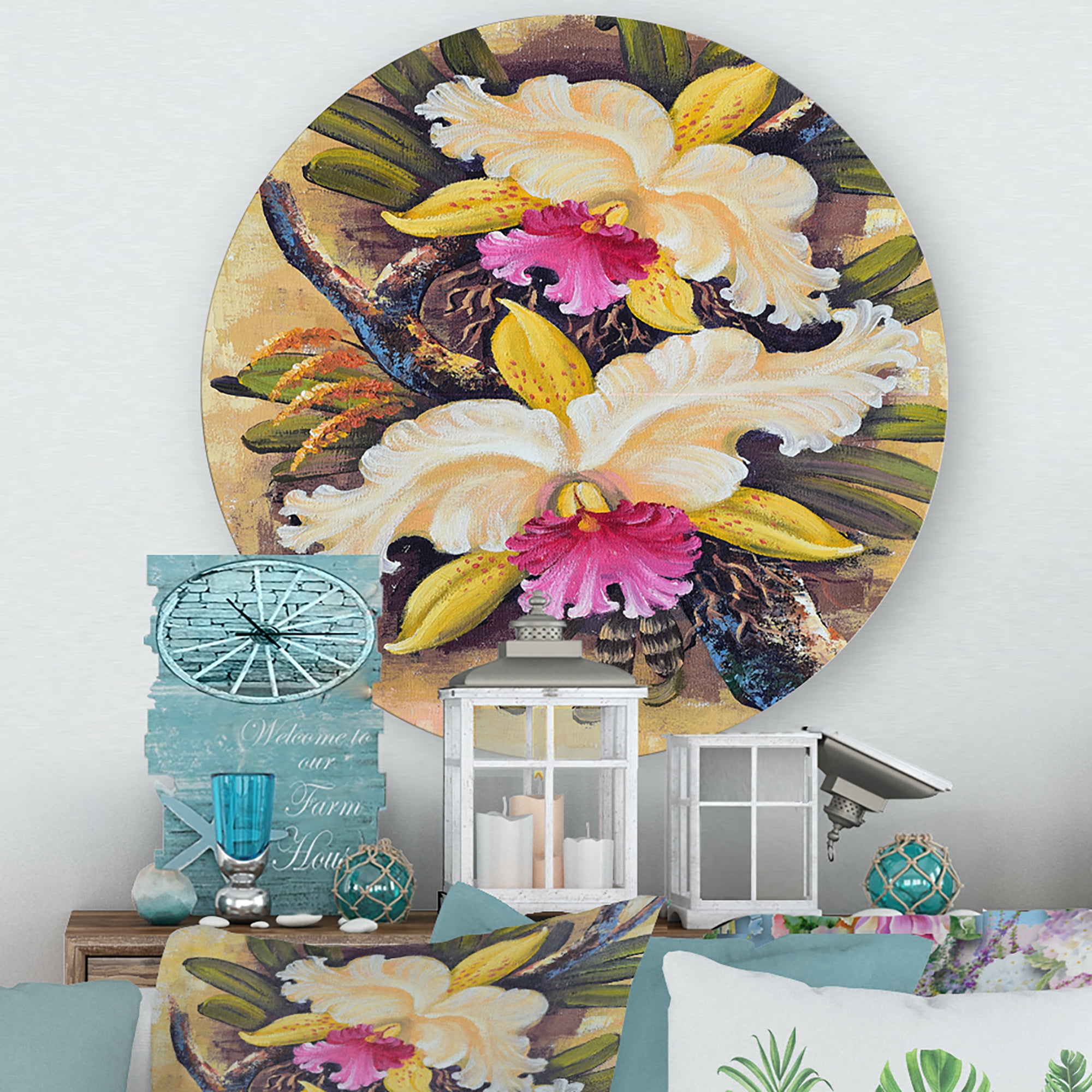 Designart 'Ancient Forest Orchids II' Traditional Circle Metal Wall Art 23x23 - Disc of 23