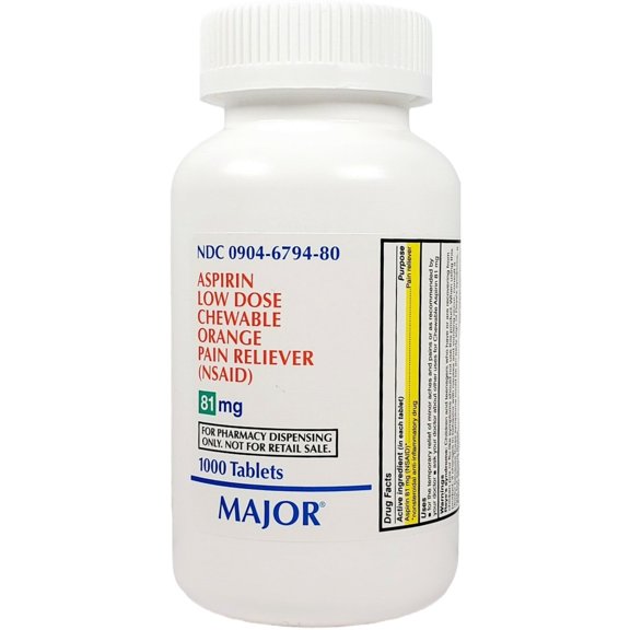 Major Aspirin Low Dose 81mg 1000 Chewable Tablets Orange Flavor
