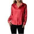 thumbnail image 3 of BiZtdJrK Women Soft Collared Shirts Satin Silk Long Sleeve Button Down Shirt Loose Lightweight Pajama Tops Solid Fall Blouses Red XXL, 3 of 7