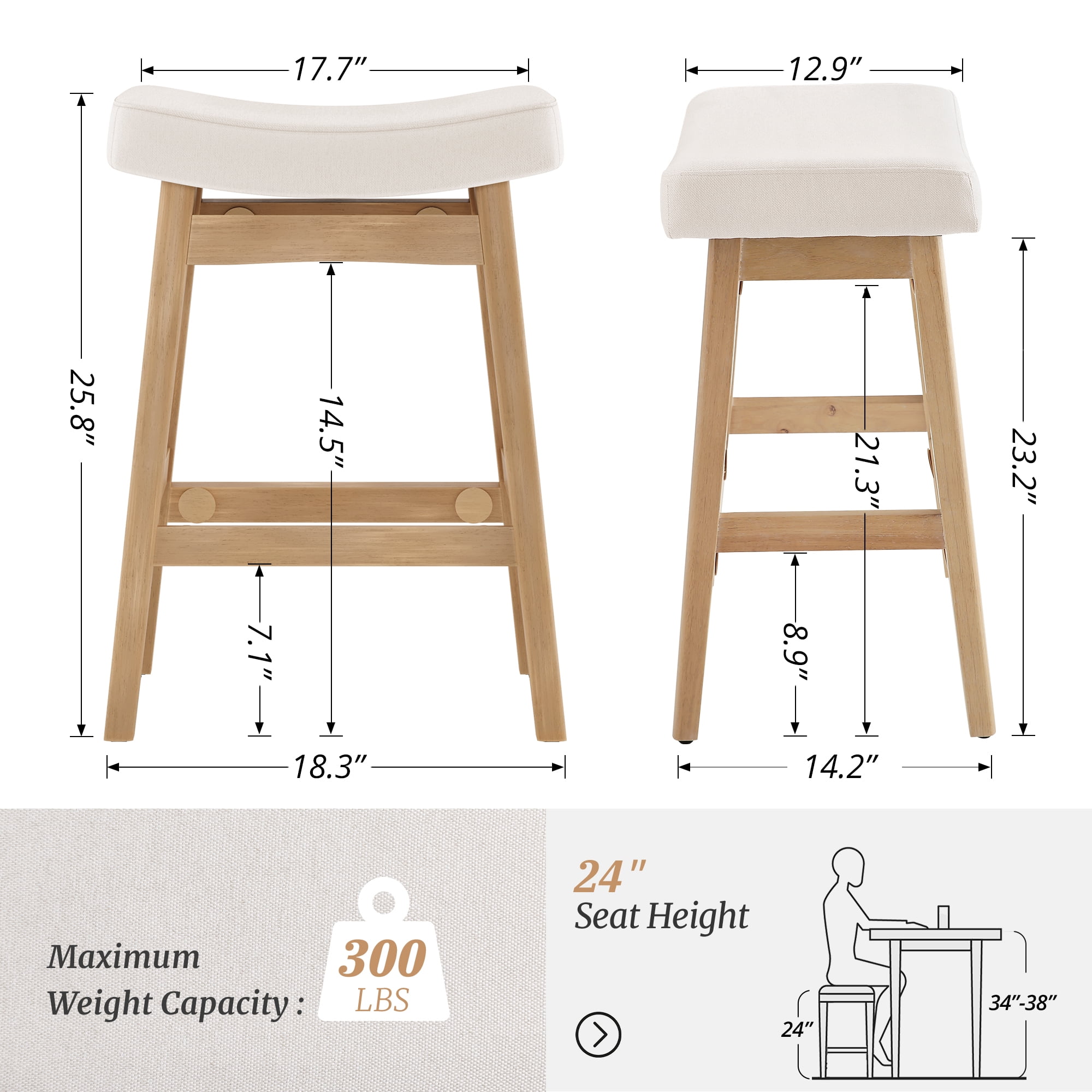 Dycanpo Saddle Seat Counter Height Bar Stools Set of 3 for Kitchen, Dining, 24in, Beige-Fabric