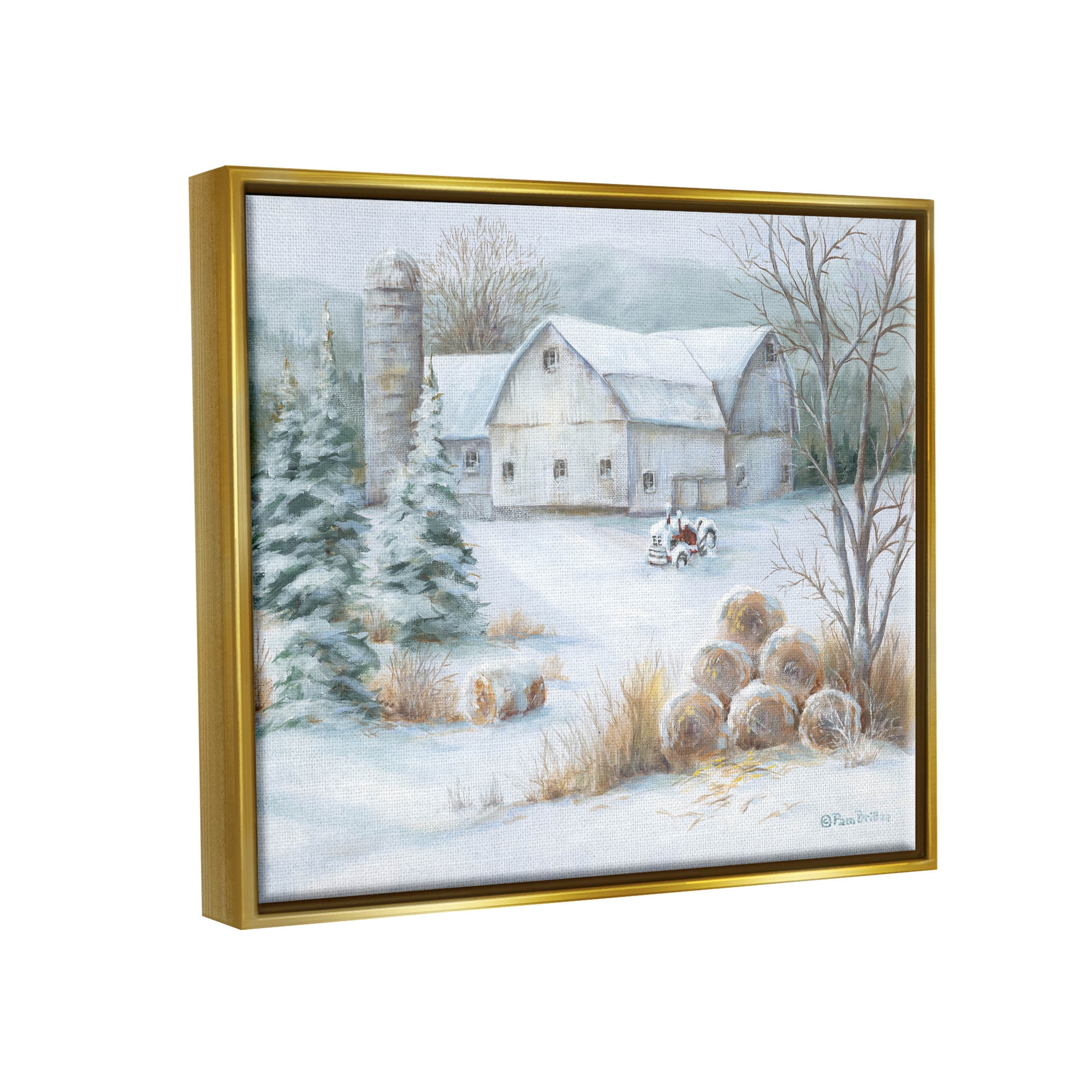 Niveous Country Barn Snow Scene Landscape Painting Metallic Gold Framed Art Print Wall Art