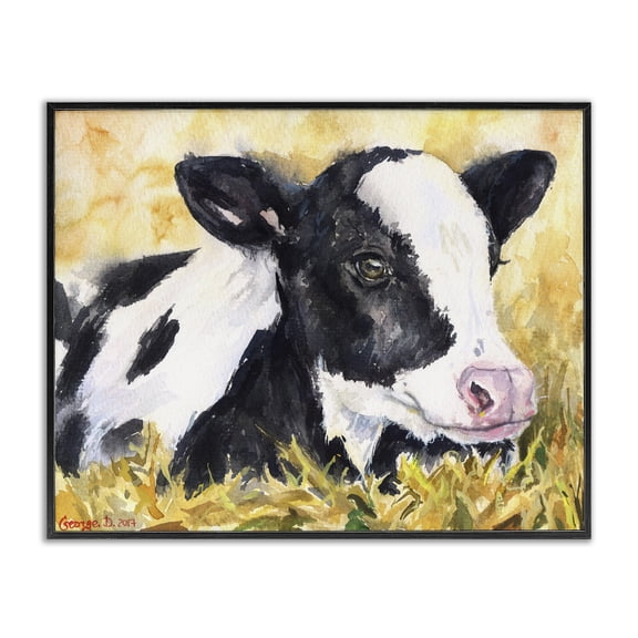 Stupell Industries Rustic Lodge Cute Baby Cow Animal Yellow Watercolor Black Framed Giclee Art, 14 x 11, by George Dyachenko