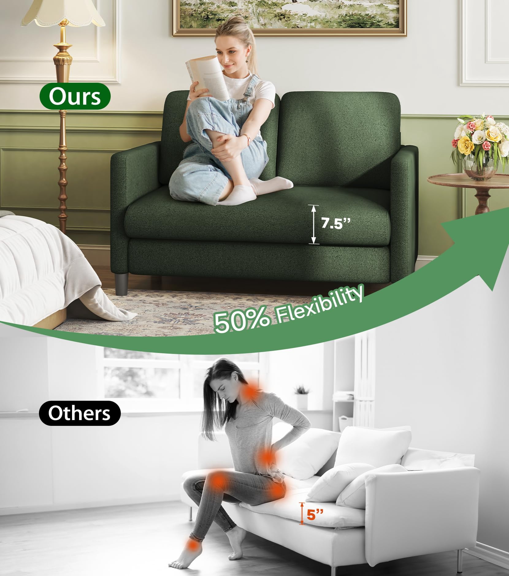 Welzona 51" Teddy Fabric Loveseat Sofa, Small 2-Seater Couch for Small Spaces, Tool-Free Assembly, Green
