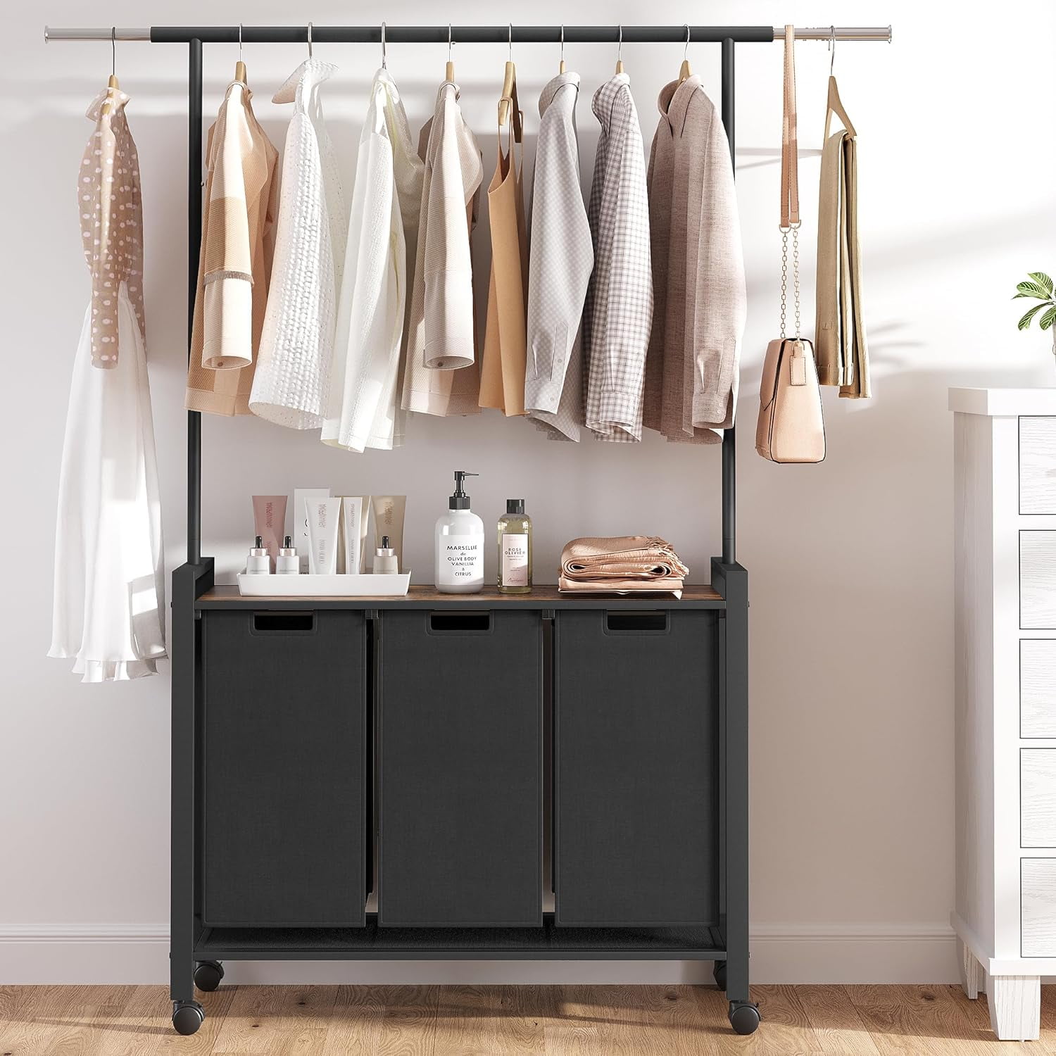 Laundry Hamper Sorter with Retractable Hanging Rod & Locking Wheels - Heavy Duty Laundry Room Organizer with Shelf，3 Hamper