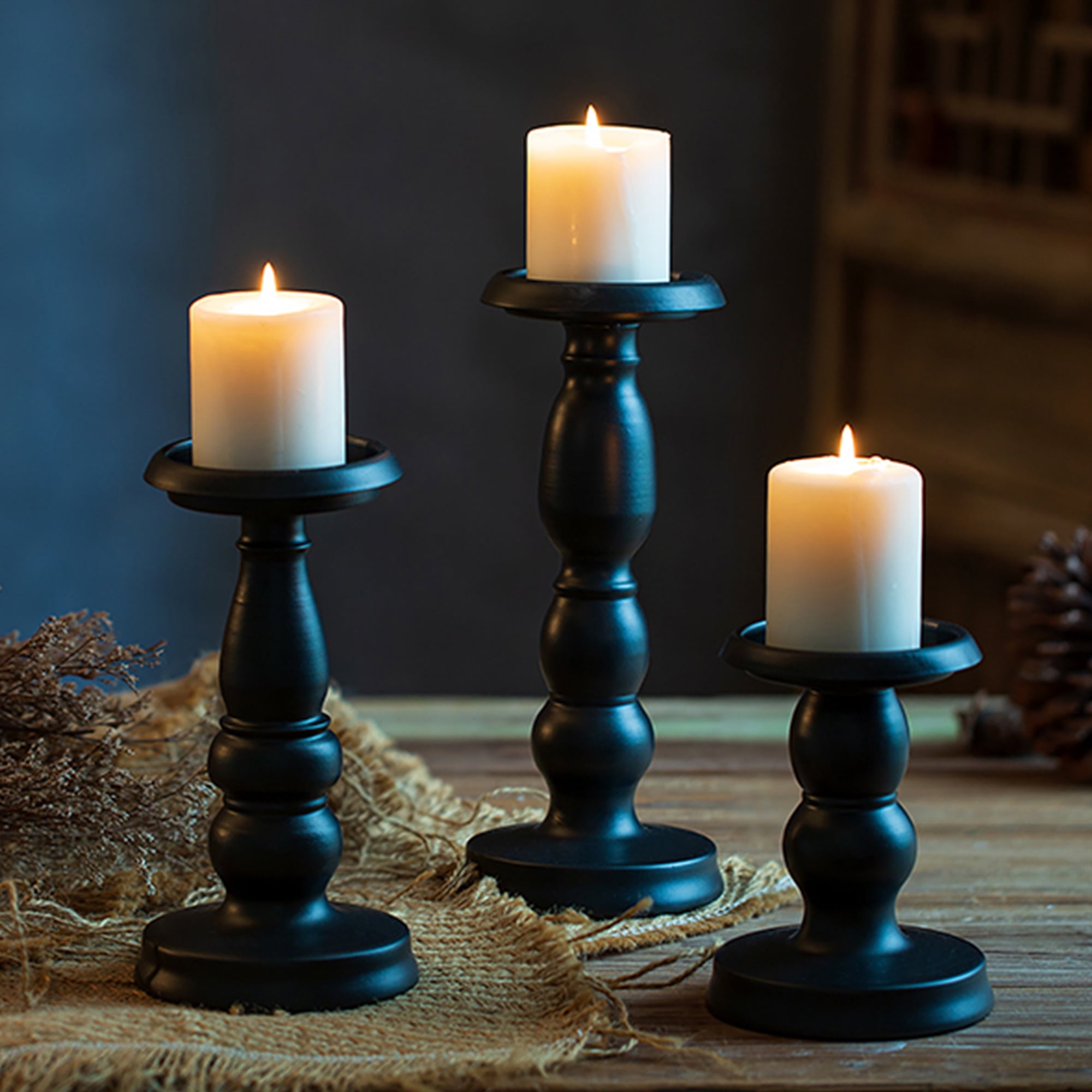 HIDAWN Pillar Candle Holder, 3 Pack Metal Black Retro Candle Stick Holders for Firplace Table Centerpiece Wedding Decoration