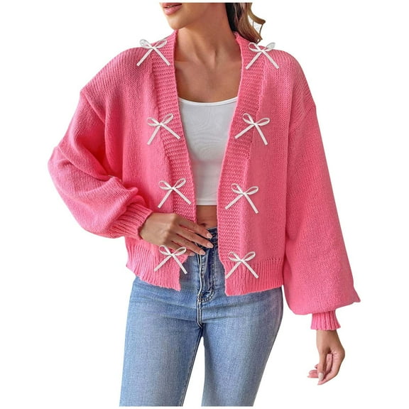 WRKEKC Cardigan Sweaters for Women Casual Loose Solid Color Bow Decorated Long Sleeve Knit Open Front Top Soft Breathable for Fall Daily and Weekend Wear