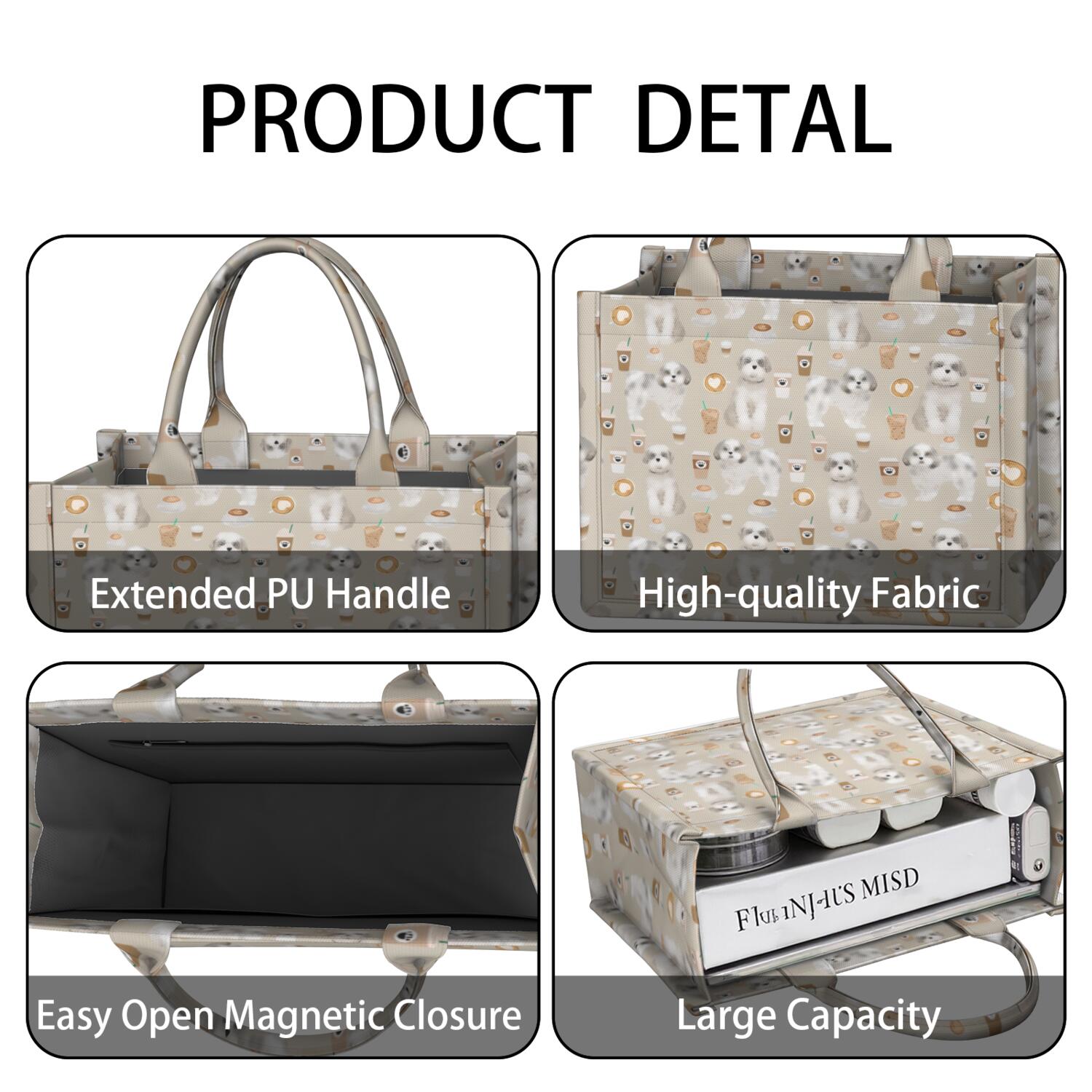 Large Capacity Tote Bag,Cute Shih Tzu Dog and Coffee Pattern Handbag Fashion Luxury Tote Bag,15.7"x13"x 5.1" Inches,Laptop Compatible