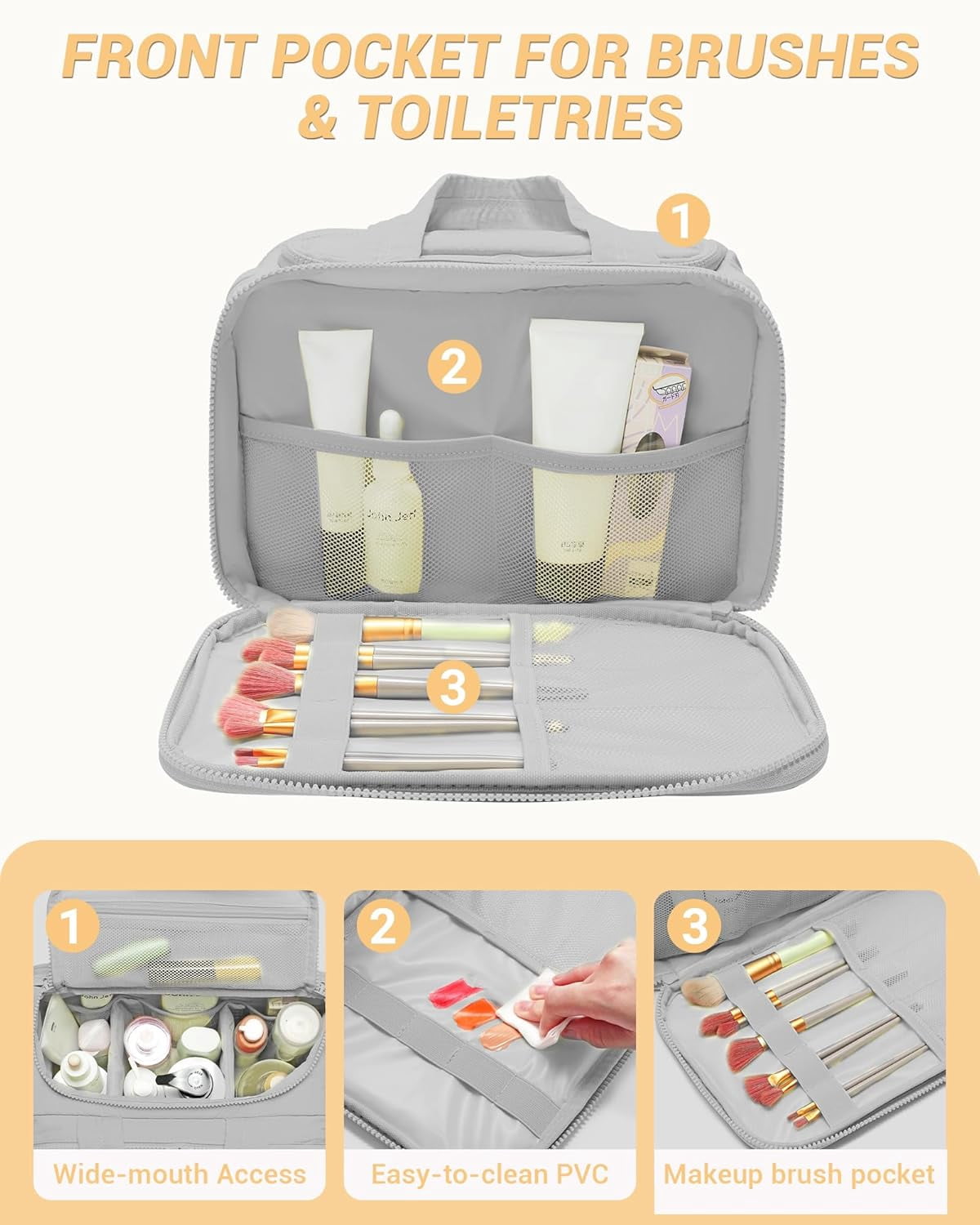 Travel Toiletry Bag, Makeup Bag Puffy Wide-open Quilted Bag for Women, Lightweight Cosmetic Bag Organizer with Handle for Traveling, Accessories, Essentials Toiletries Grey