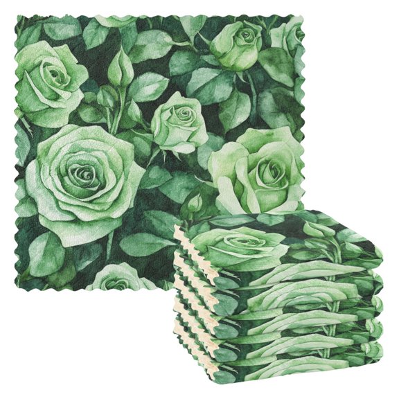 6 Pieces of Kitchen Towels 11x11Inch Kitchen Dish Cloths Kitchen Dish Towels Reuseable Cleaning Cloths Green Roses Seamless