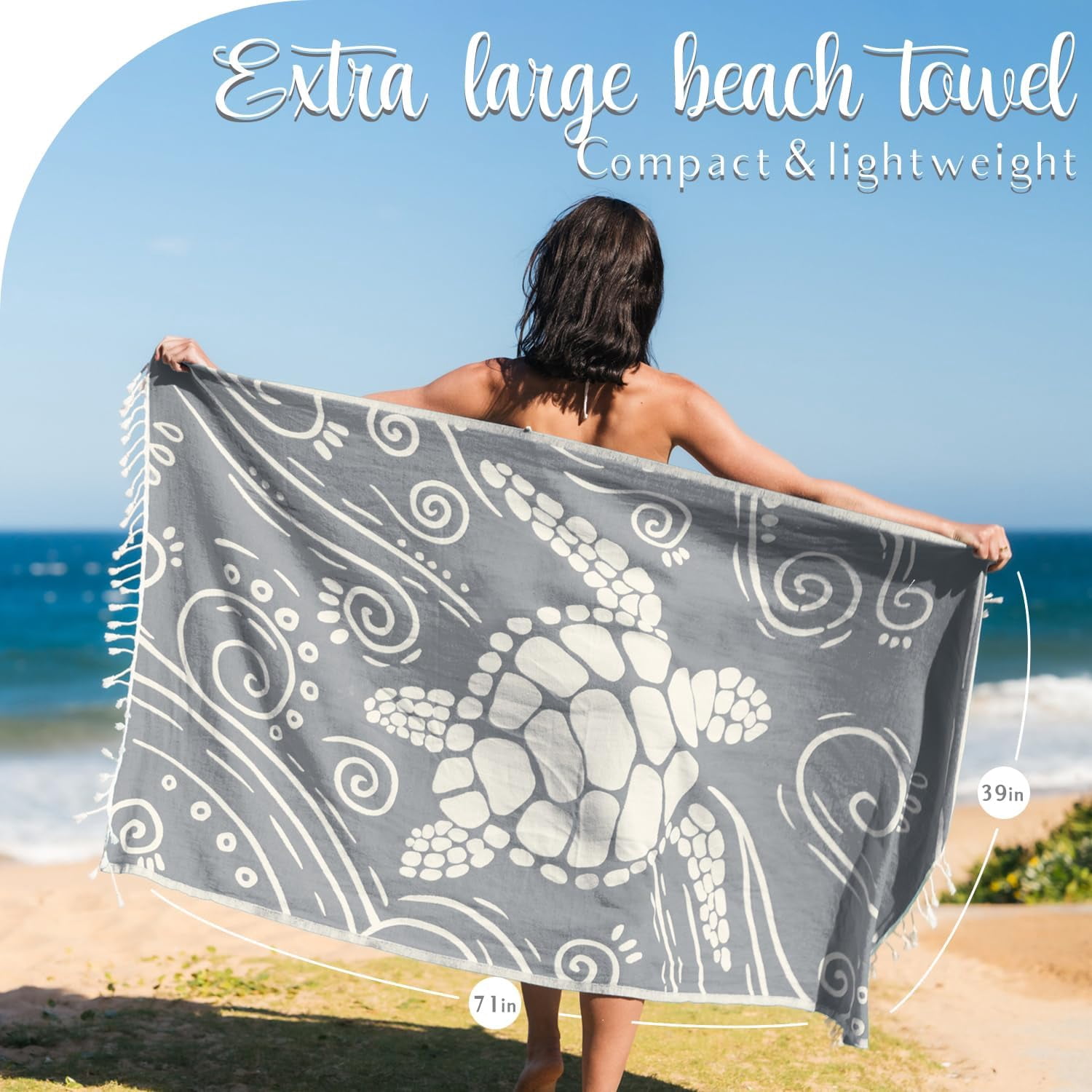 WEKAPO Turkish Beach Towel 39"x71" Oversized, 100% Cotton, Ultra Absorbent & Sand Resistant, Extra Large Beach Towel, Perfect for Beach, Bathroom, Pool, Travel (Grey Sea Turtle)