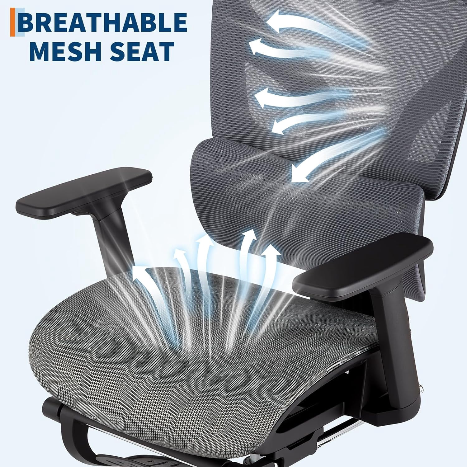 Ergonomic Mesh Office Chair with Footrest, Adjustable Armrests, Dynamic Lumbar Support, Recline & Tilt Function, High Back Design, Rolling Caster Computer Chair for Home Office, Gray