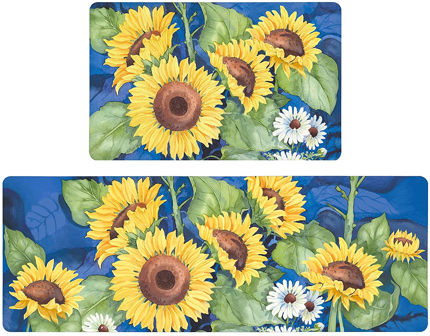 Blue Sunflower Farmhouse Kitchen Rugs Set 2 Piece Colorful Flowers
