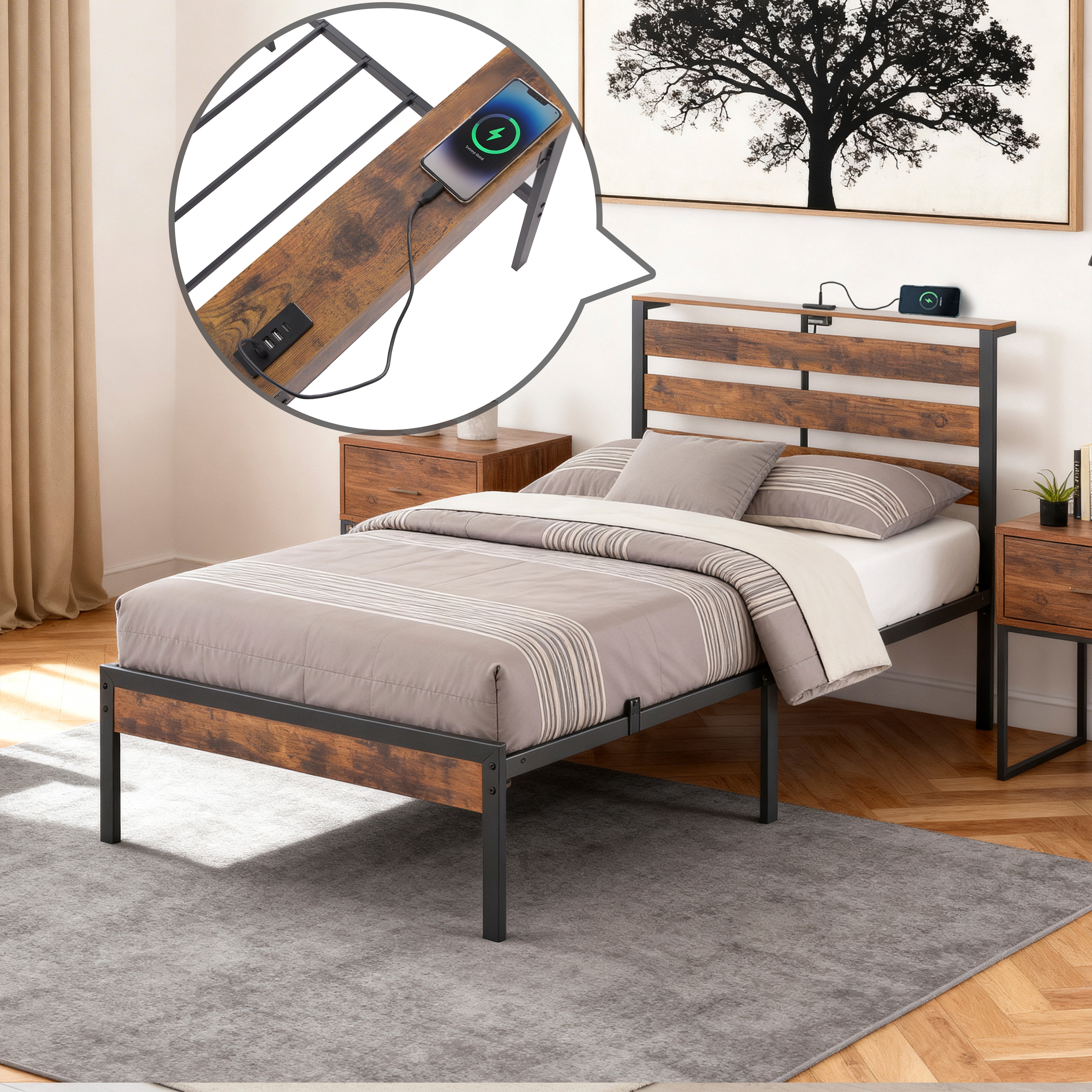 Gewnee TWIN Size Metal Bed Frame with RGB Lights & Charging Station (3 USB + 1 Type-C),Headboard with Shelf,No Box Spring Needed,Under-Bed Storage,Ideal for Bedroom,Dorm,Guest Room