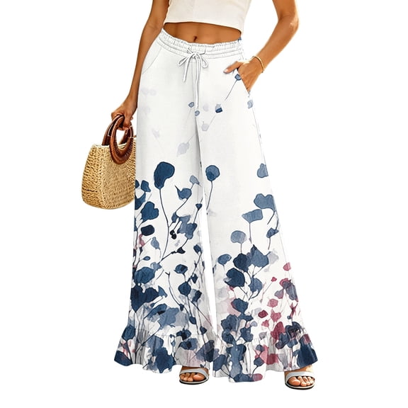 Sewkxo Womens Wide Leg Pants Drawstring Elastic High Waisted Ruffle Hem Palazzo Pants with Pockets,Blue M