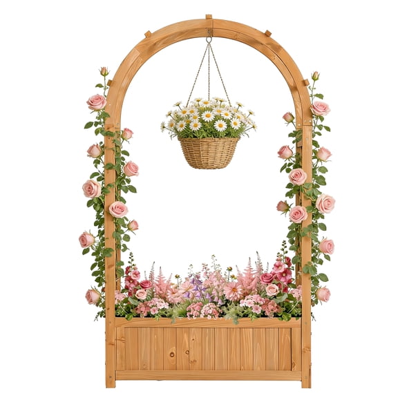 Ktaxon 32.7in Arch Planter Trellis, Wooden Lattice Garden Arch with Planter Box for Outdoor Climbing Plants, Teak