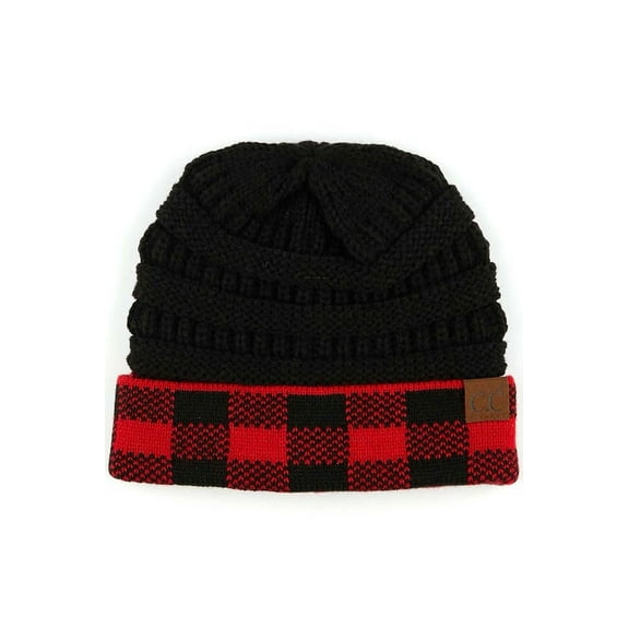 C. C. Buffalo Plaid Knit Hat Various Colors (Red)
