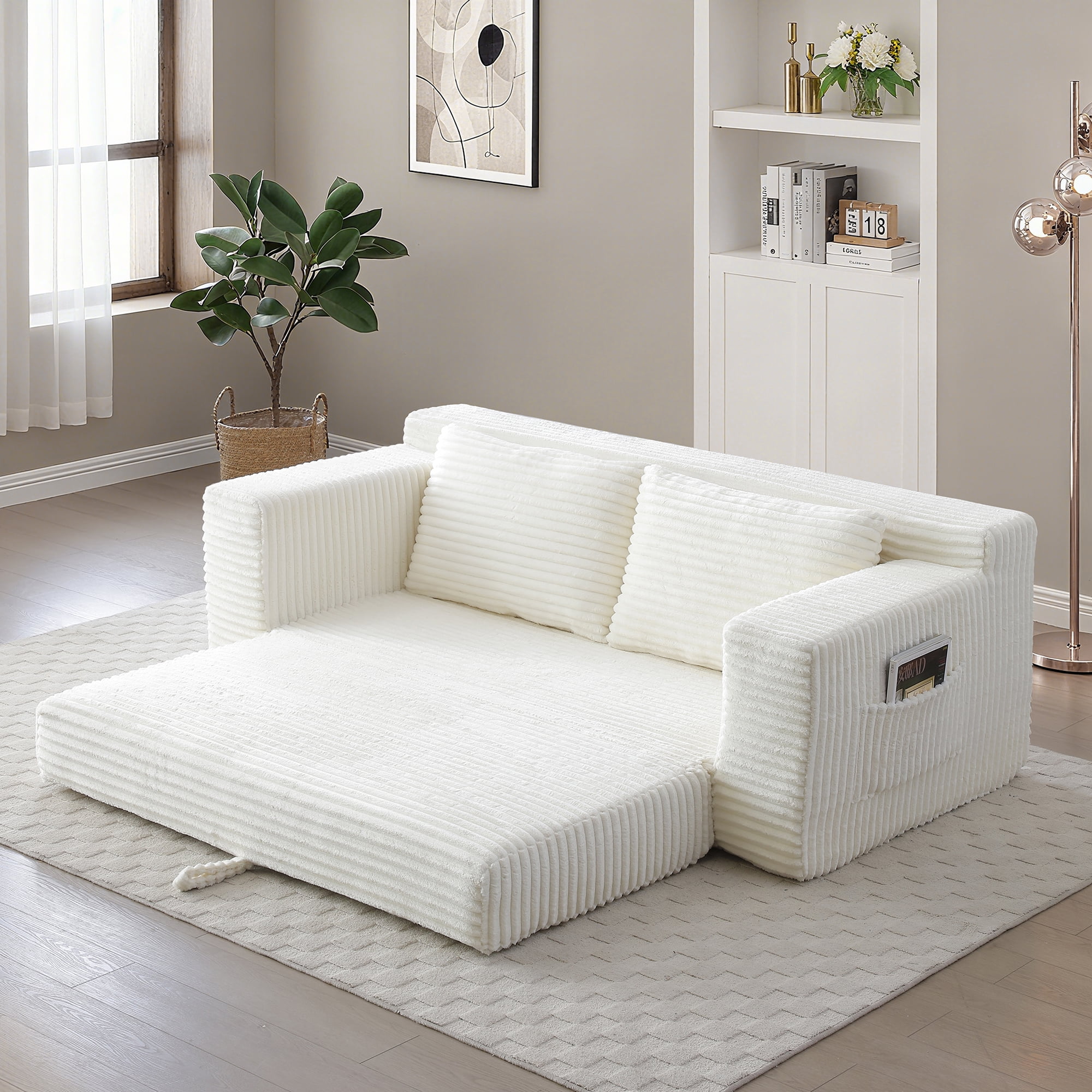 Memory Foam Cloud Loveseat Sofa, 2 in 1 Convertible Folding Couch Bed with Pull-Out Sleeper, No Assembly Compressed Corduroy Floor Lounge Sofa for Apartment, Office, Bedroom, Living Room, Beige