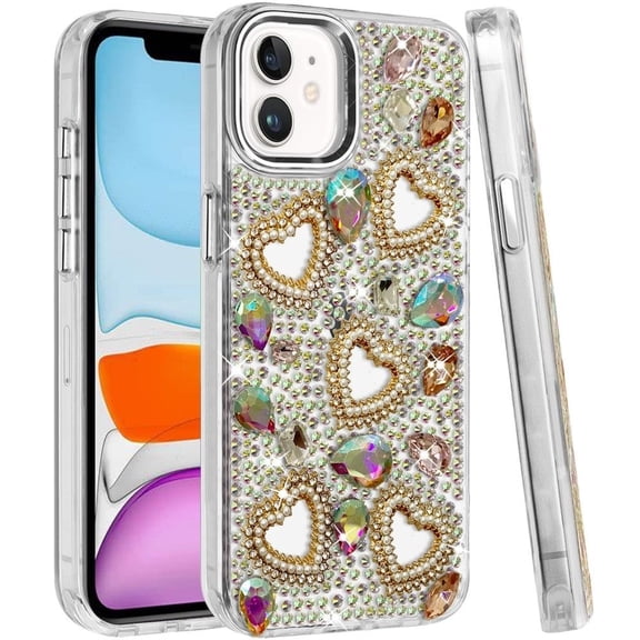 Phone Case for Apple iPhone 11 Luxury Crystal Heart Rhinestone Diamond Bling Shockproof Hybrid Glitter Protective Stylish Durable Grip Cover MultiColor