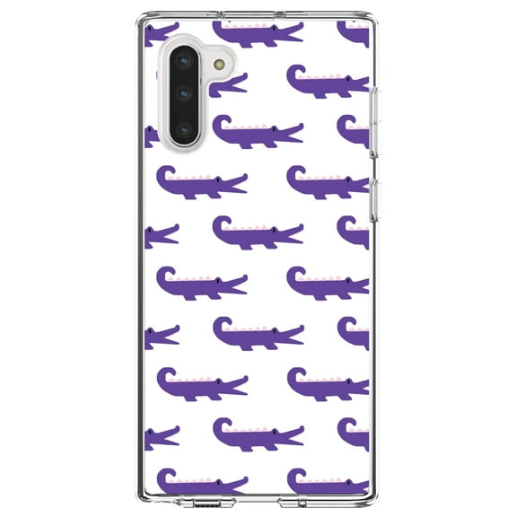 DistinctInk Clear Shockproof Hybrid Case for Samsung Galaxy Note 10 (6.3" Screen) - TPU Bumper, Acrylic Back, Tempered Glass Screen Protector - Purple White Alligators - Cartoon Alligators