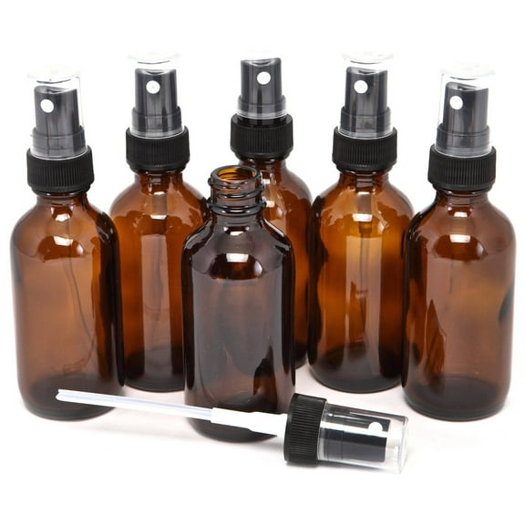 6 Amber 4oz Boston Round Glass Bottle Black Spray Fine Ribbed Mist Sprayer