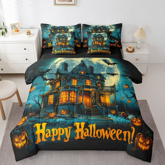 Manfei Happy Halloween Bedding Sets Twin Size,Spooky Pumpkin Lantern Comforter Sets with Sheets,Halloween Theme Castle Bed in a Bag Twin Size For Boy,Super Cozy Room Decoration Reversible,7-Piece