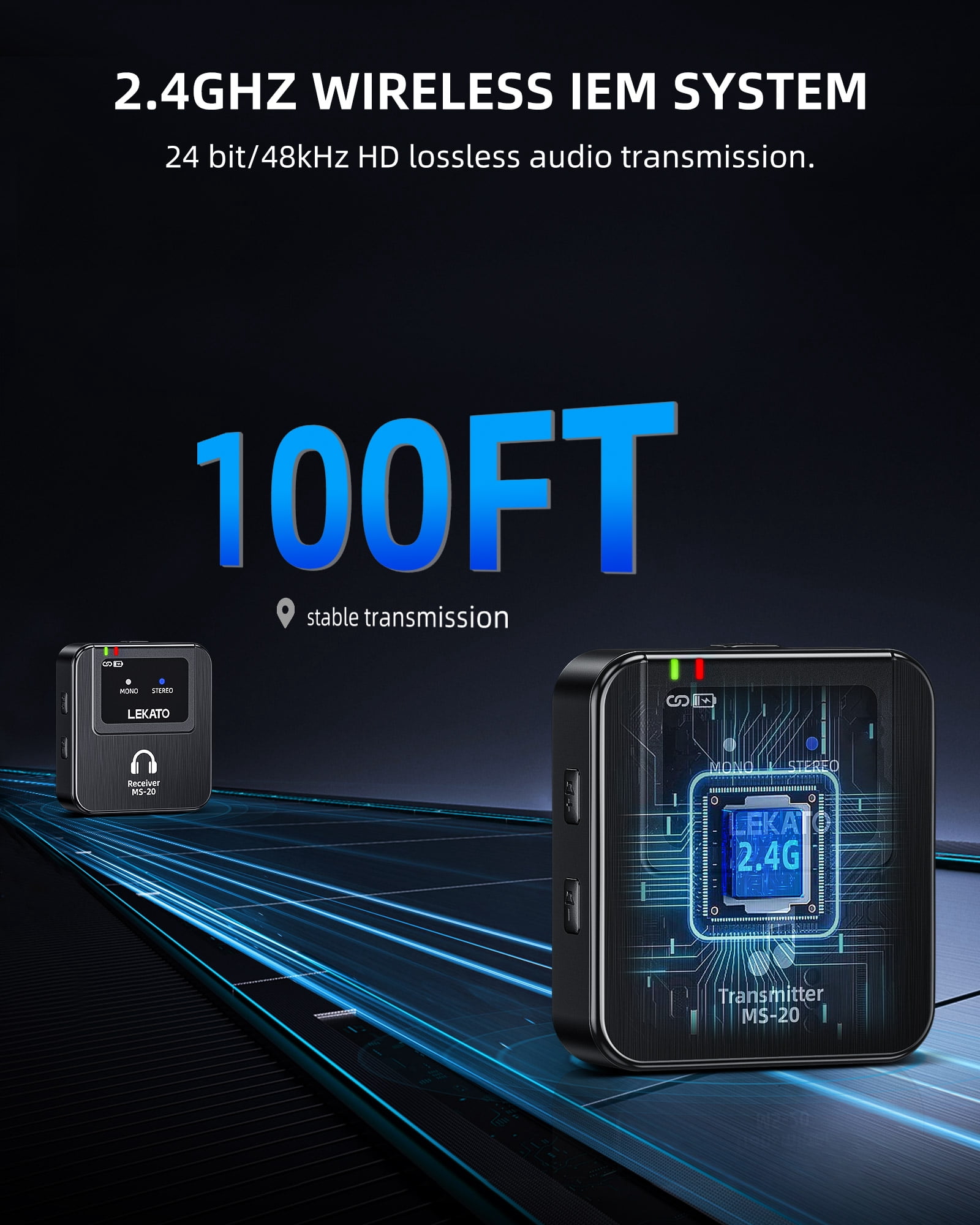 LEKATO Wireless in-Ear Monitor MS-20 2.4G IEM System Low Latency with Beltpack Transmitter Auto-Pairing Receiver OTG Support One to More in-Ear Monitoring for Live Performance Stage Singer Band