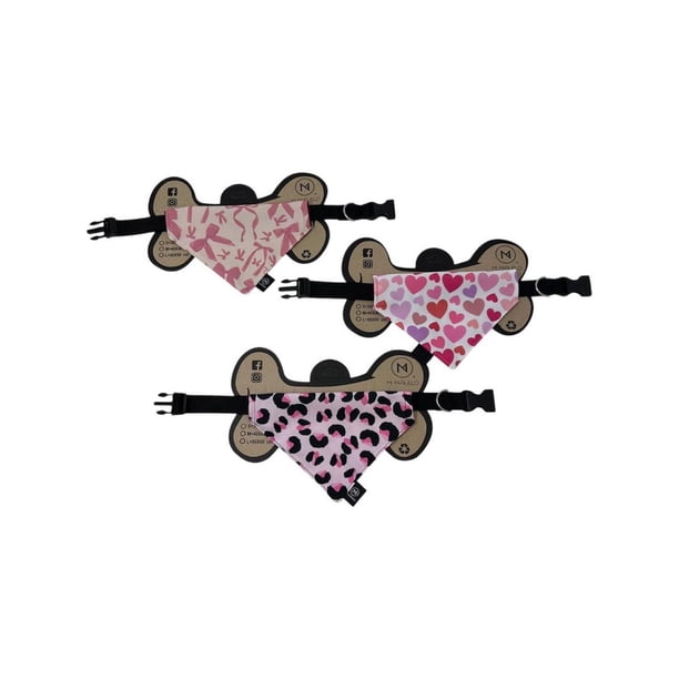COMBO PAÑUELOS TALLA M PARA MASCOTA DOBLE VISTA COLLAR INCLUIDO MOÑO , CORAZON Y LEOPARDO