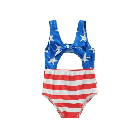 

Xingqing Independence Day Swimsuit Toddler Baby Girl One Piece 4th of July Cutout Stars and Stripes Swimwear Blue 18-24 Months