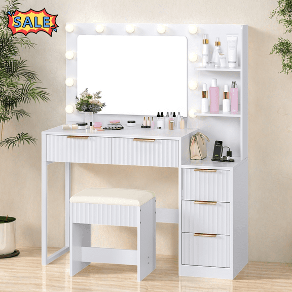 Tcbosik Modern Vanity Desk with Lighted Mirror and Charging Station, Makeup Table with Cushioned Stool, Dressing Table with Open Shelves and 5 Storage Drawers, White