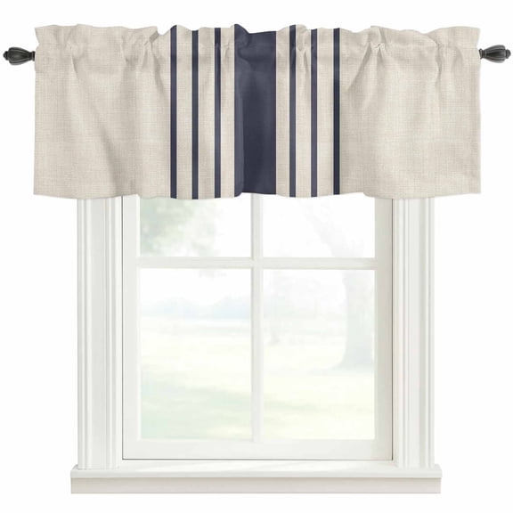 Midnight Blue Striped Farmhouse Short Window Curtain Valances, Beige Geometric Modern Art Rod Pocket Kitchen Valances for Living Room Bedroom Bathroom Cafe 54" x 18"