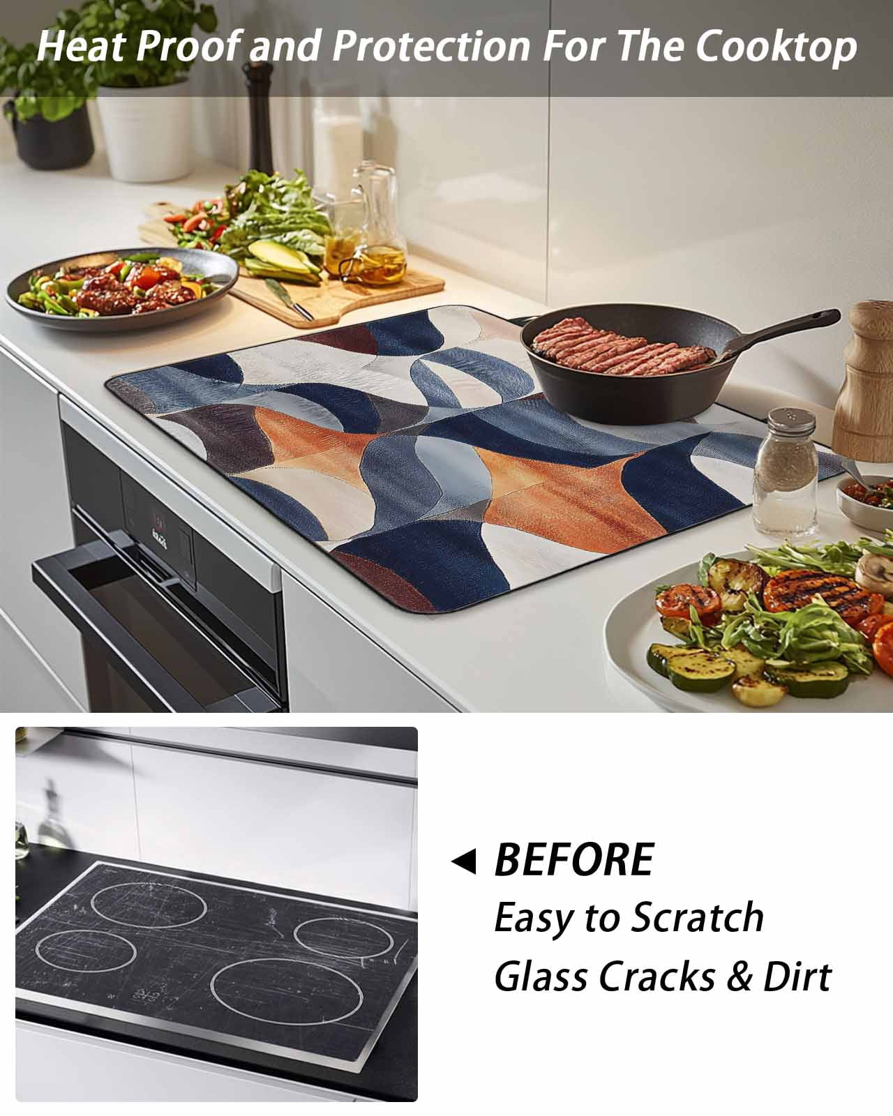 Stove Top Covers for Electric Stove, Navy Blue Burnt Orange Glass Stovetop Cover Protector, Retro Geometric Abstract Induction Cooktop Protector Oven Mat for Kitchen Countertop 24"x21"
