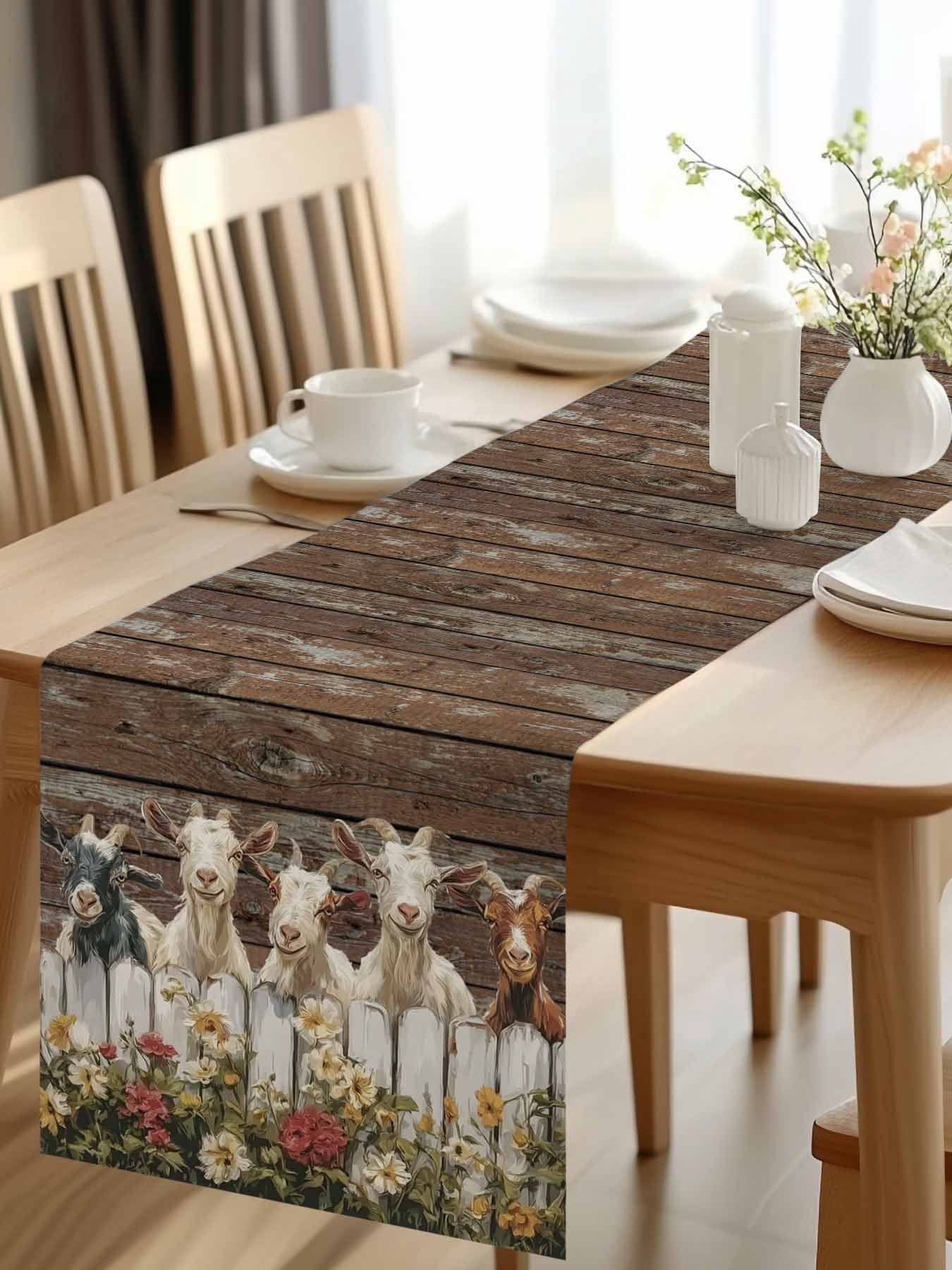 Goats Table Runner, Retro Farmhouse Fence Floral Wood Grain Washable Cotton-linen Table Runners Dining Kitchen Decoration for Everyday Home Wedding Party Decor, 13 x 108 Inch