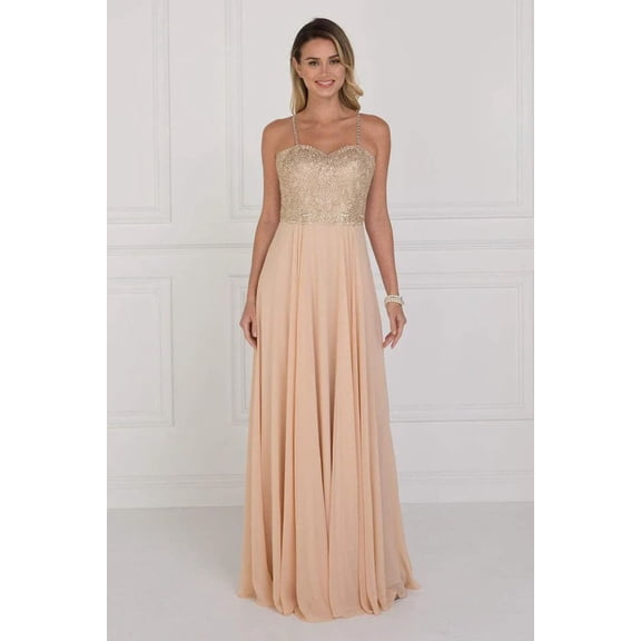 Women's Elizabeth K Long Embellished Chiffon Gown Gl1571 Champagne Goldish Beige Size XS