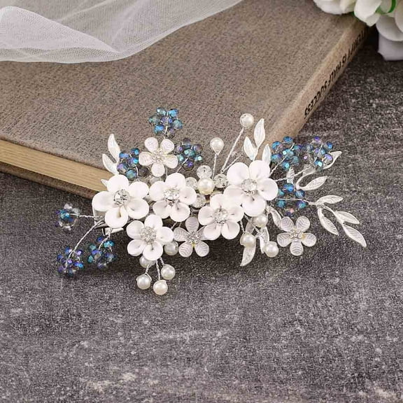 Flower Wedding Hair Clips Blue Beaded Wedding Hair Pieces Glitter Crystal Pearl Headpiece Hair Barrette Bridal Hair Accessories for Women and Girls