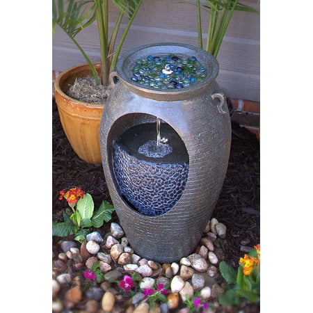 Double Fountain - Outdoor electric LED Lighted Stone Finish Double Urn Fountain- Dark Grey (COLORED STONES NOT INCLUDED)