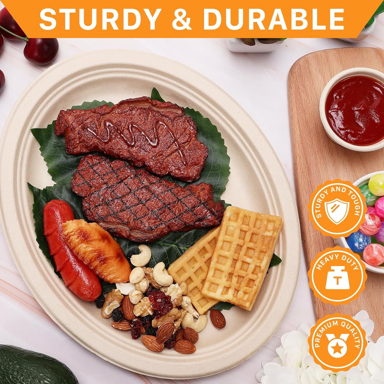 50 Pack Oval Paper Plates,12 inch Paper Plates Heavy Duty,Compostable Natural Bagasse Unbleached Sugarcane Plate,Disposable Plate for BBQ Party Picnic Gathering(Brown)