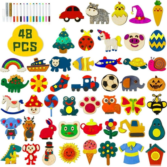 Beautysureup 48 pack Wooden Magnets, Diy Art Craft Painting Kit for Kids Ages 3-12, Decorate Creativity Goodie Bag Supplies Gift for Glow in The Dark Party Favors, Birthday, Easter