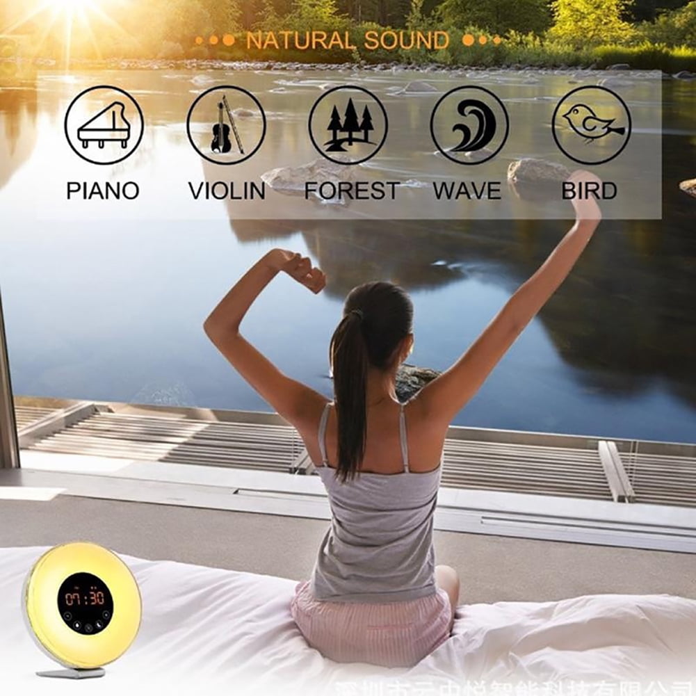 Farfi Sunrise Alarm Clock Wake Up Light Digital FM Radio Nature Sound Touch Control (White,US Plug)