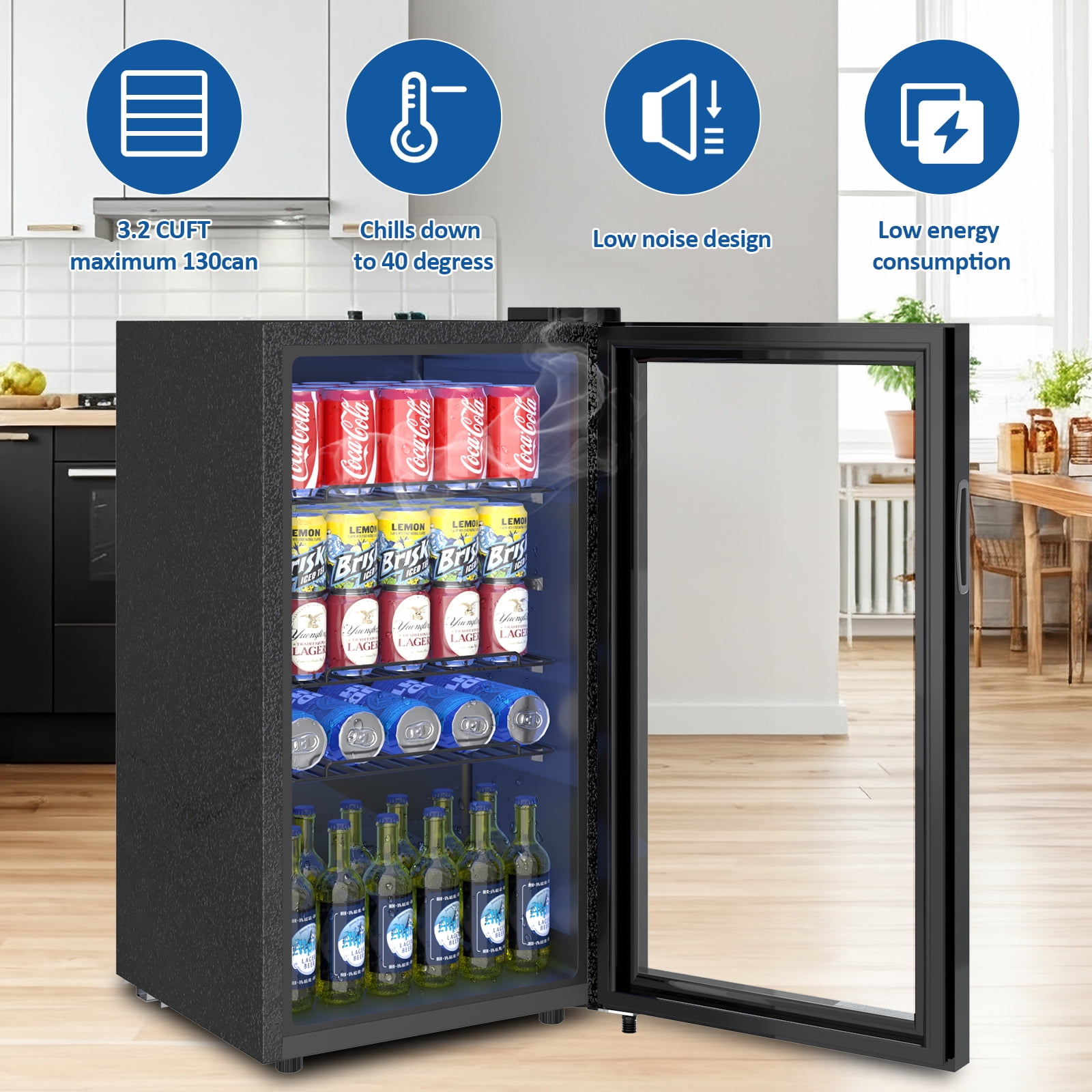 Artbros 3.2 Cu.  ft Mini Fridge with Glass Door, Beverage Refrigerator Cooler with Touch Temperature Control Panel for Soda, Drinks, and Wine