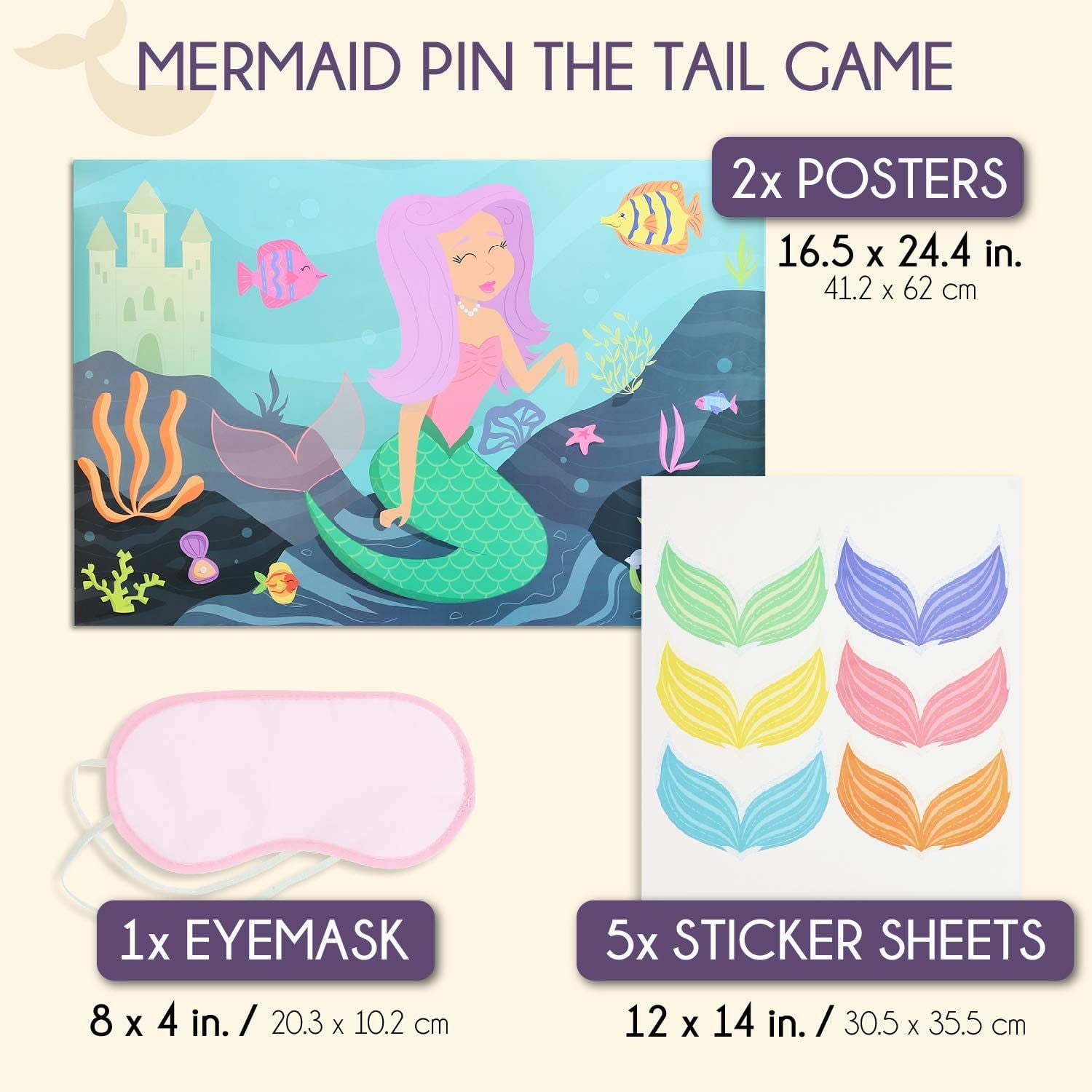 5 Sticker Sheet /& Eye Mask 2-Pack Pin The Tail Mermaid Party Game 2 Poster
