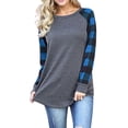thumbnail image 1 of Las mujeres a cuadros raglán camiseta tops patchwork manga larga cuello redondo túnica camisa otoño otoño blusa suelta, 1 of 3
