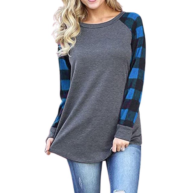 Las mujeres a cuadros raglán camiseta tops patchwork manga larga cuello redondo túnica camisa otoño otoño blusa suelta